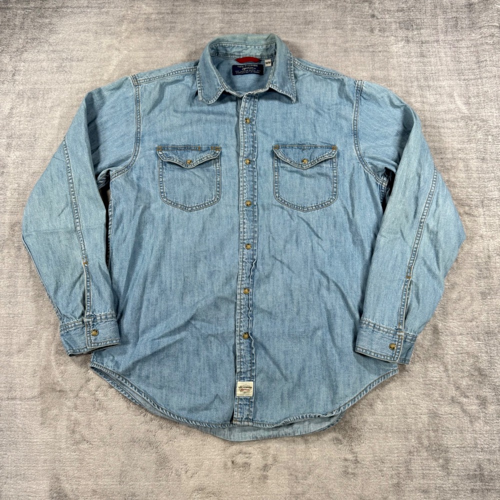 Levi Strauss Signature Shirt Mens Medium Blue Denim Cotton Workwear Button Up
